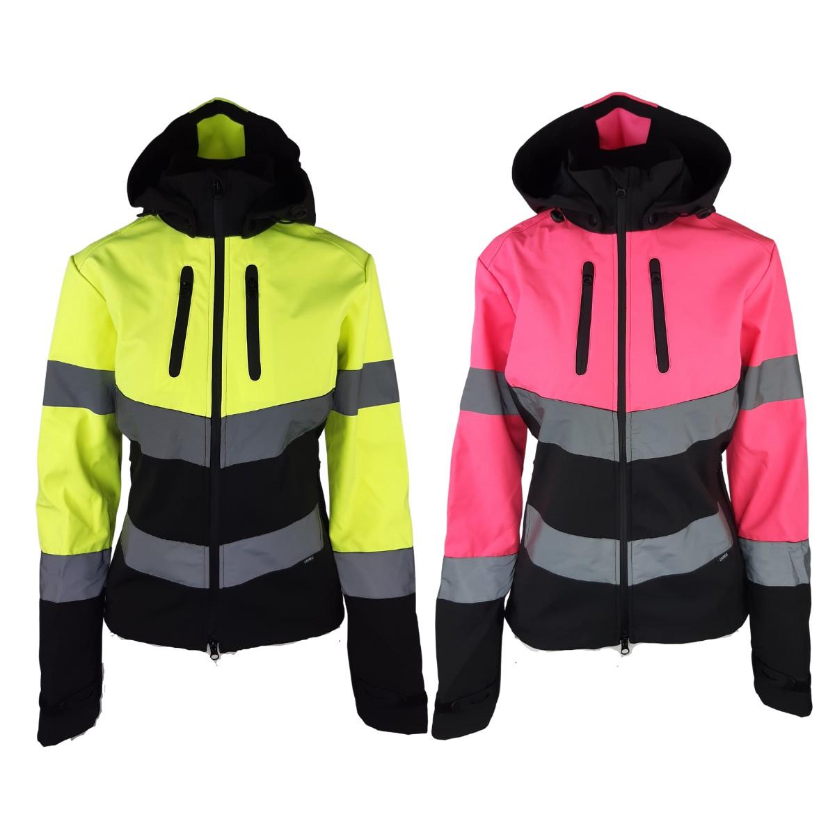 Two hooded riding jackets in fluorescent yellow and pink with grey reflective bands