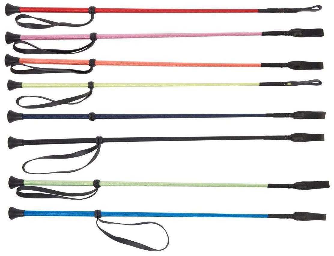 Row of braided riding crops in red, pink, orange, green, navy, black and blue with wrist loops