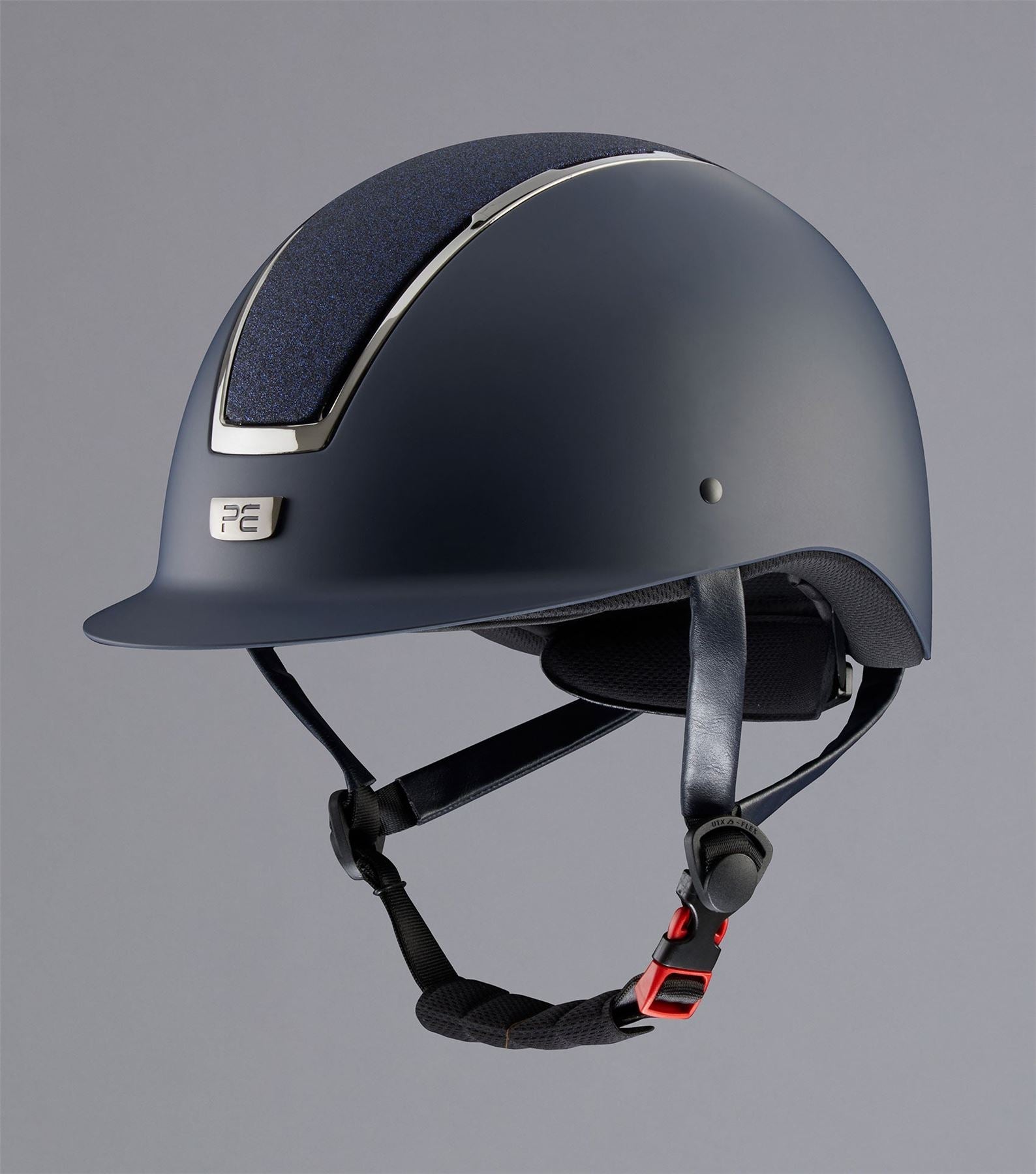 Navy horse riding helmet with sparkle top panel, chrome trim and safety harness