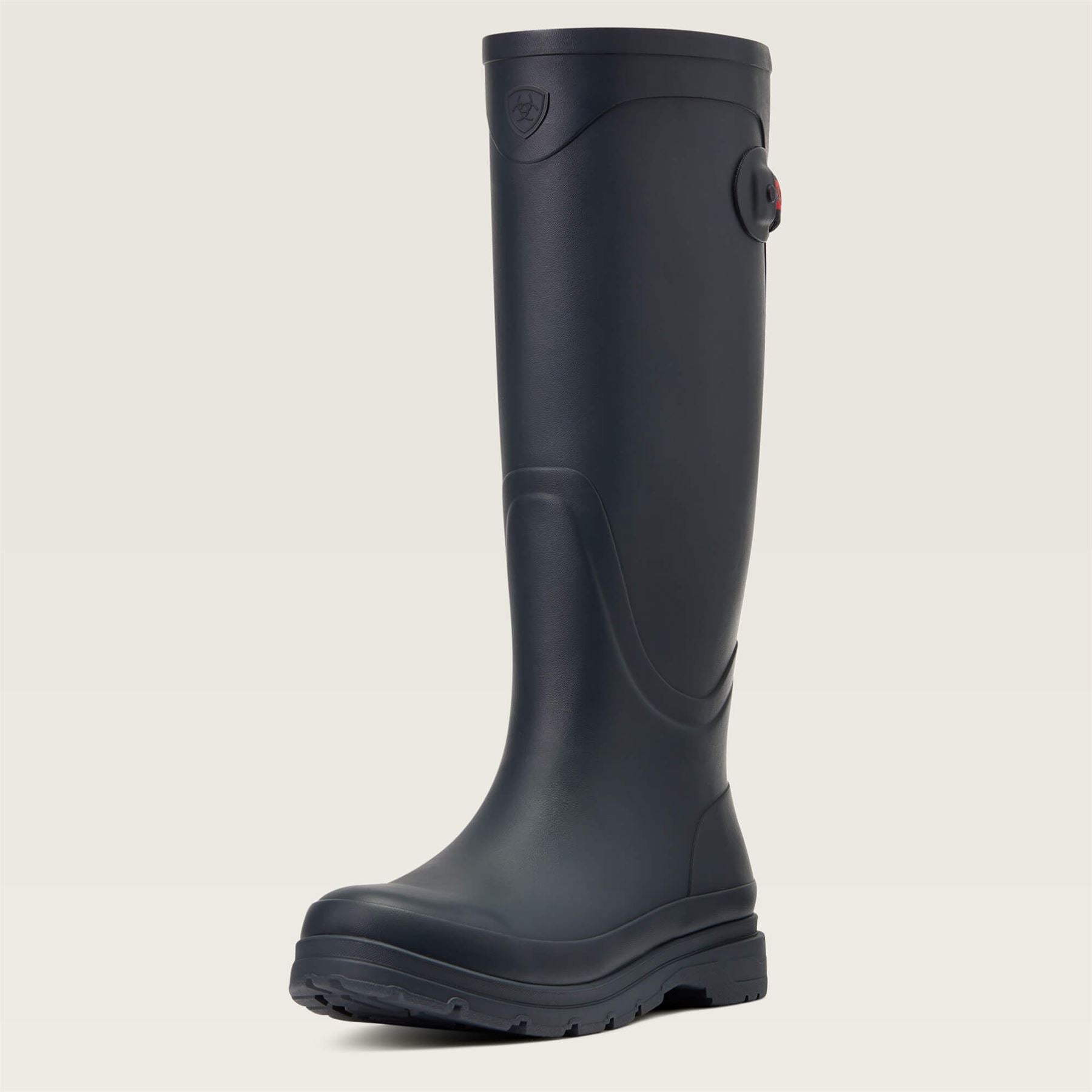 Tall navy rubber wellington boot with chunky treaded sole