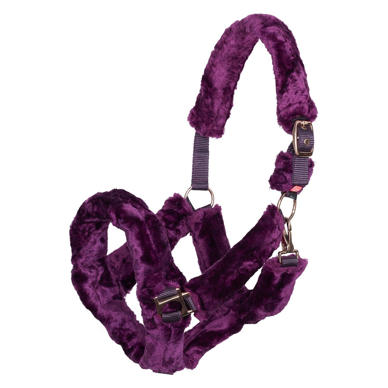 Plum purple fleece-lined horse headcollar with rose gold buckles