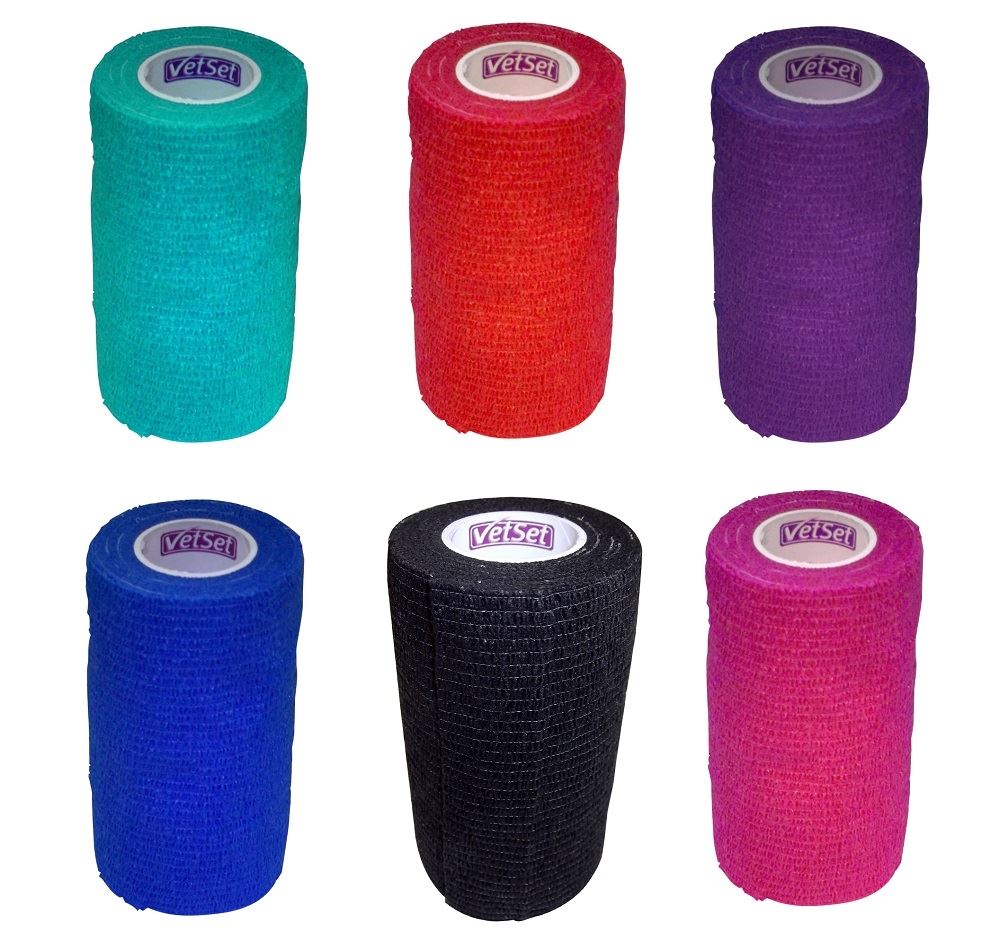 Six rolls of cohesive veterinary bandage in teal, red, purple, blue, black and pink
