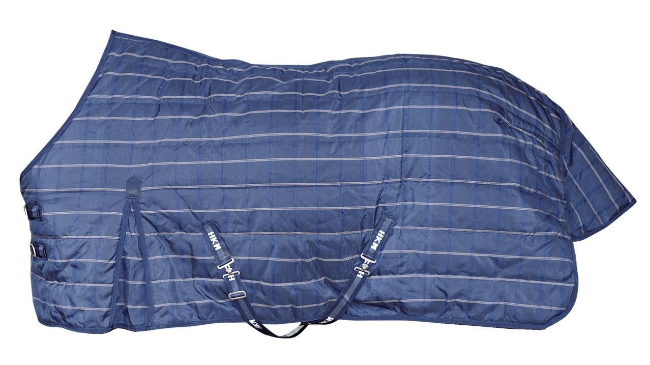 Navy quilted stable rug with warm padded filling, shown laid flat
