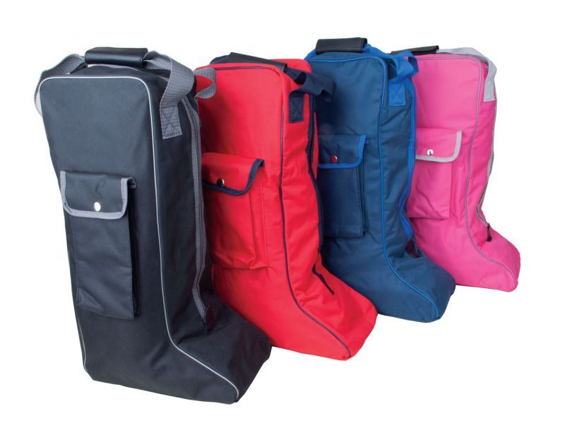 Four padded long boot bags in black, red, navy and pink with carry handles