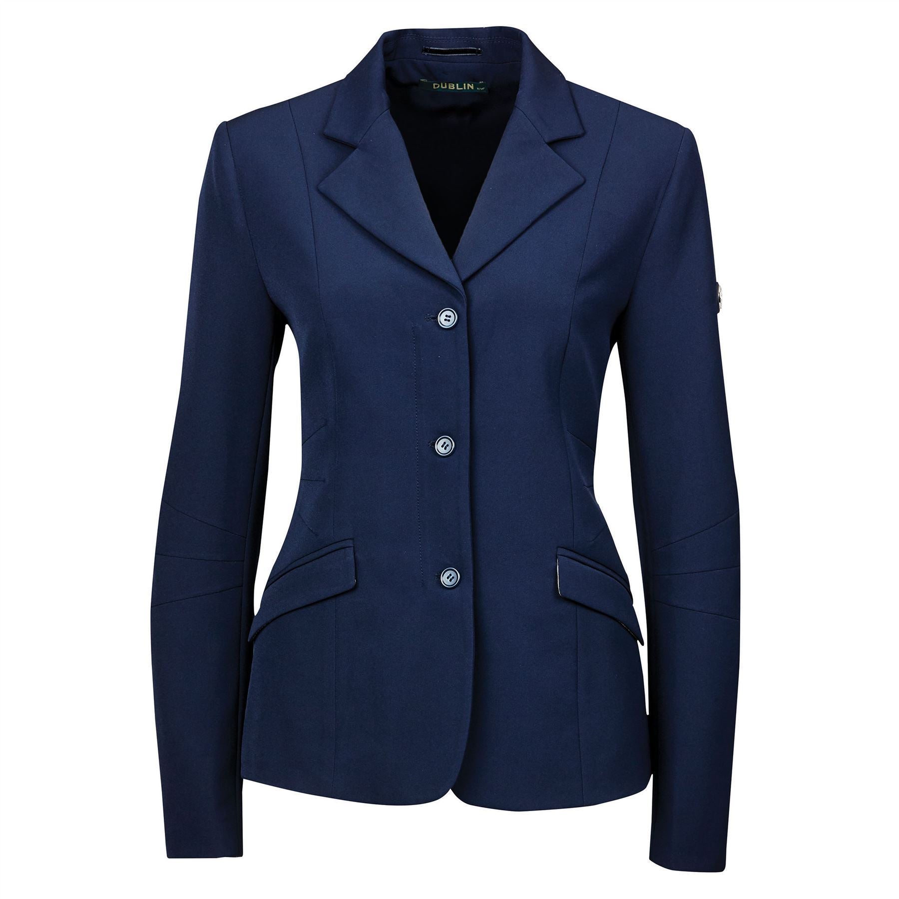 Navy blue tailored ladies show jacket with three buttons and notched lapels