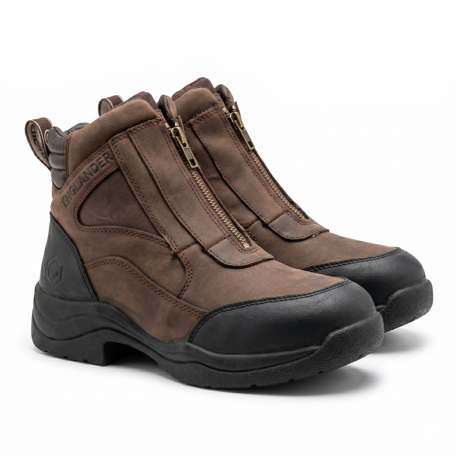 Pair of brown leather zip-front paddock boots with black rubber soles