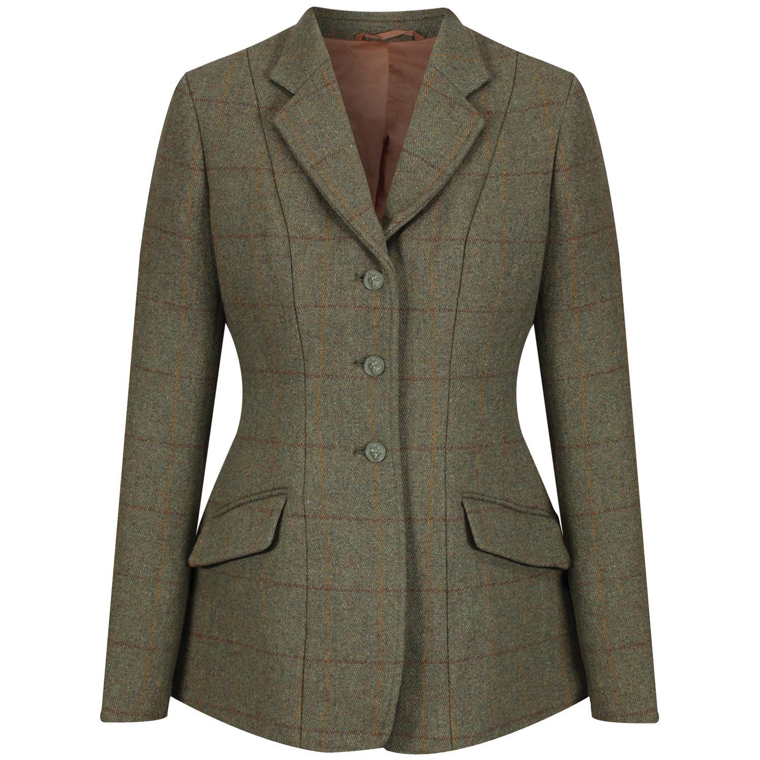 Green tweed check riding jacket with brown windowpane stripe on a white background