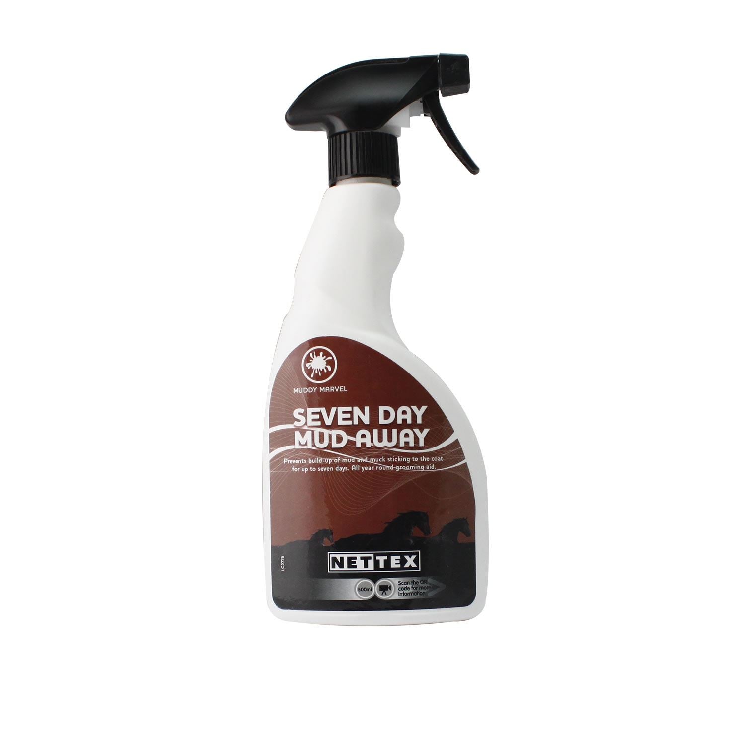 White trigger spray bottle of Nettex horse grooming mud repellent with brown label