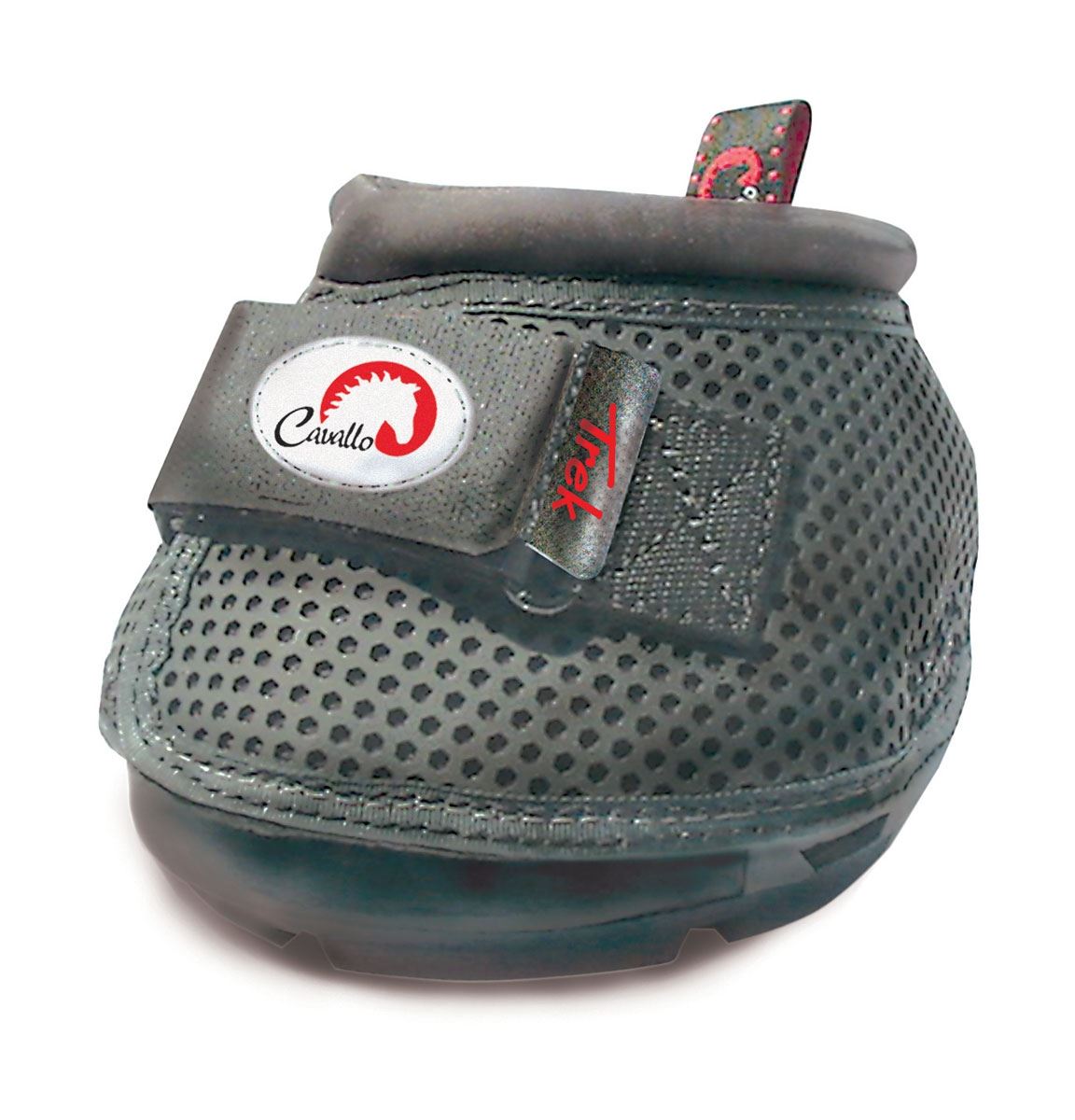 Grey perforated hoof boot with a hook and loop closure strap