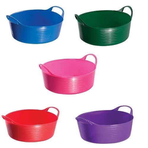 Five shallow flexible rubber stable tubs in blue, green, pink, red and purple