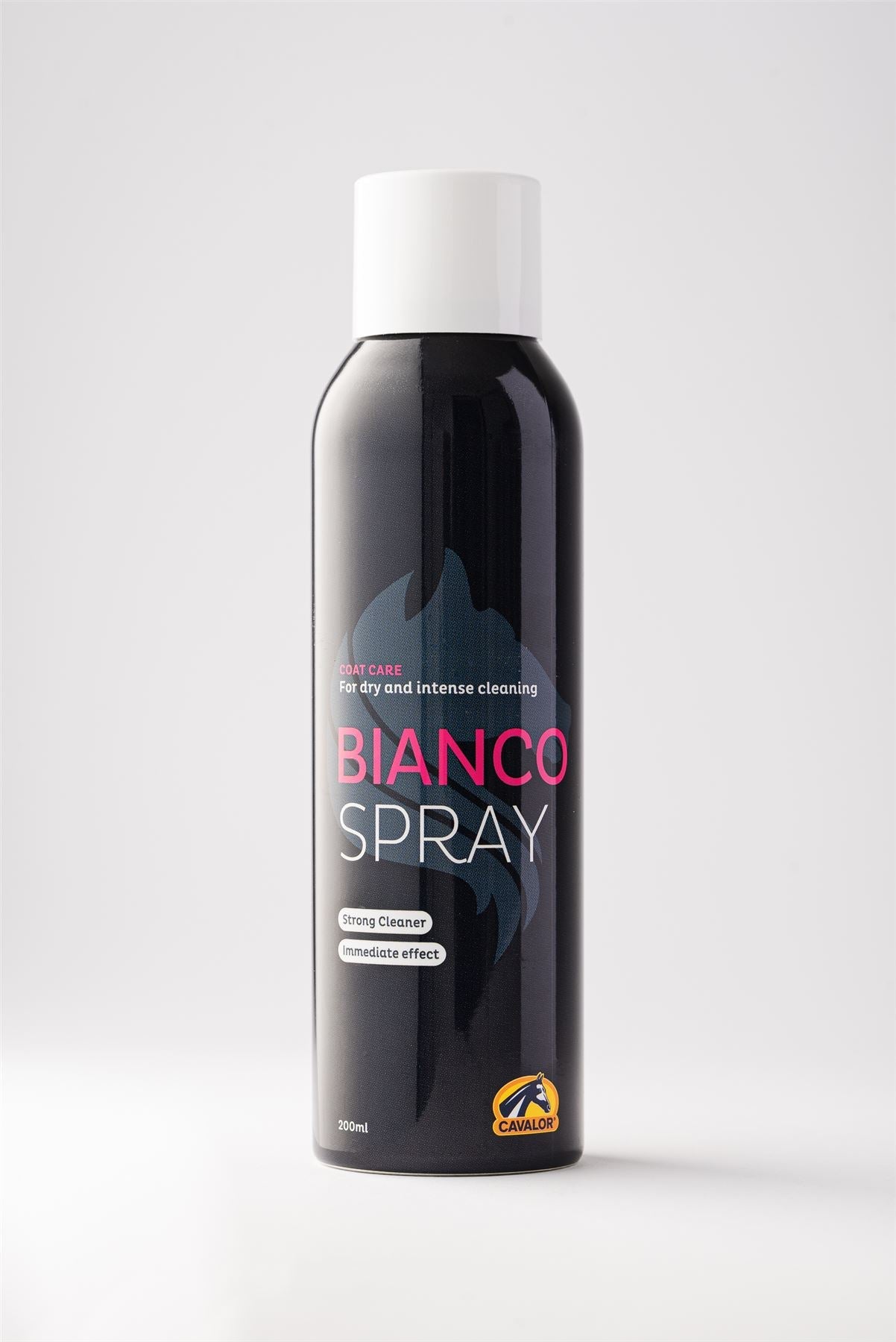 Black Cavalor Bianco Spray aerosol can with white cap on a pale grey studio background