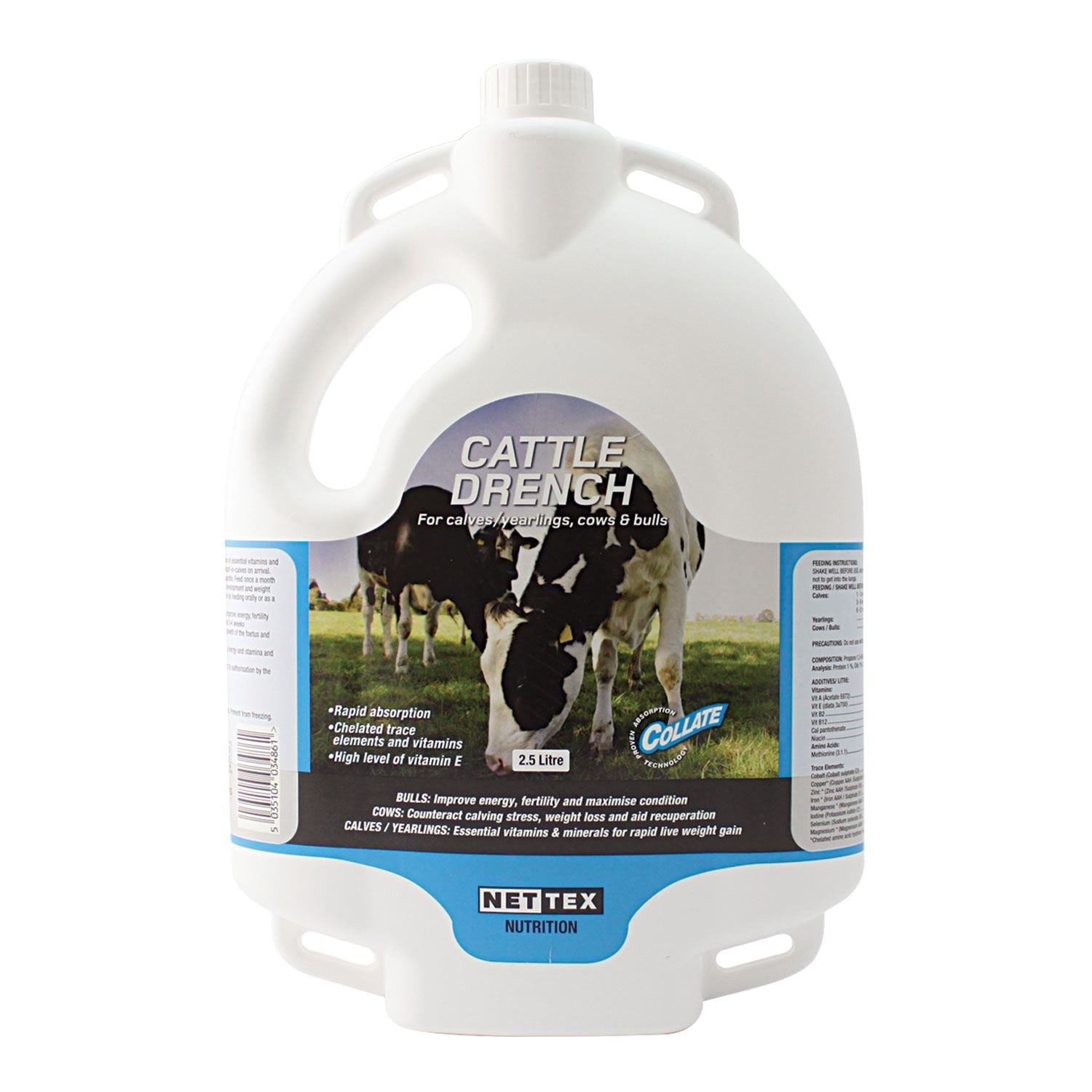 White plastic cattle drench container with dairy cows grazing in a green field pictured on the label