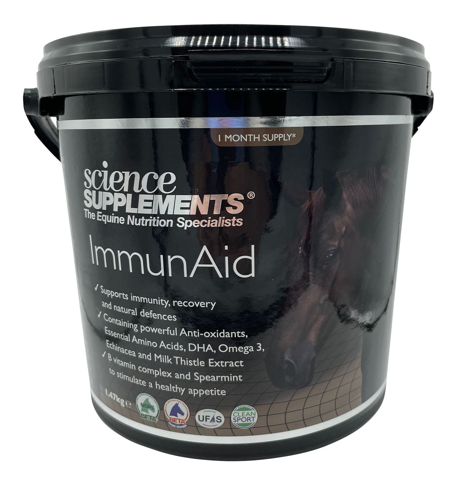 Black tub of equine immune support supplement powder with a horse pictured on the label