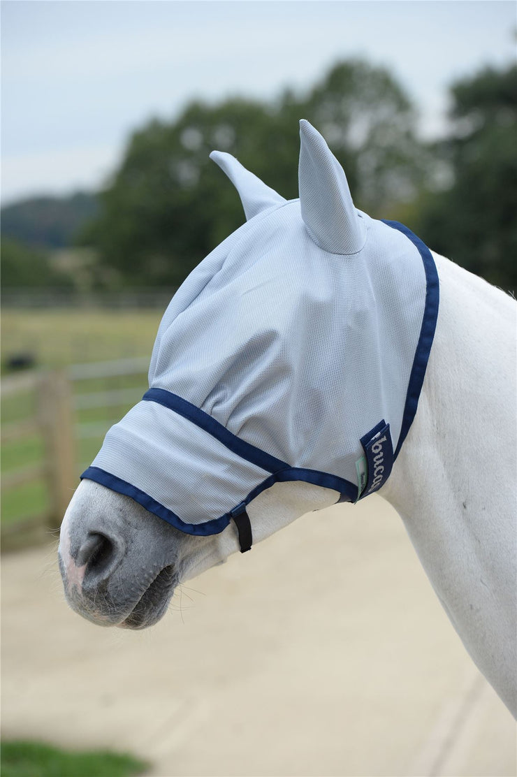 Bucas Buzz-Off Extended Nose Fly Mask protecting horse eyes face and nose from insects and sunlight