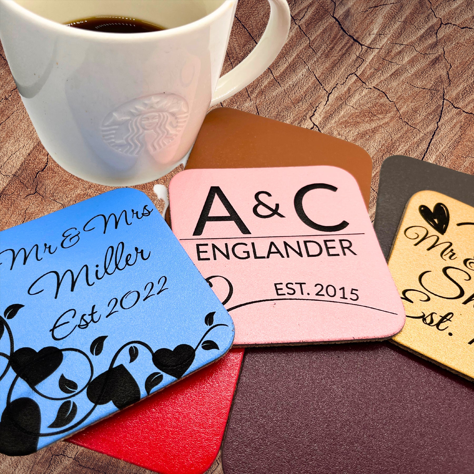 Personalised Square Leather Coasters Couple Mr&Mrs Wedding 3rd Anniversary Gift - Just Horse Riders