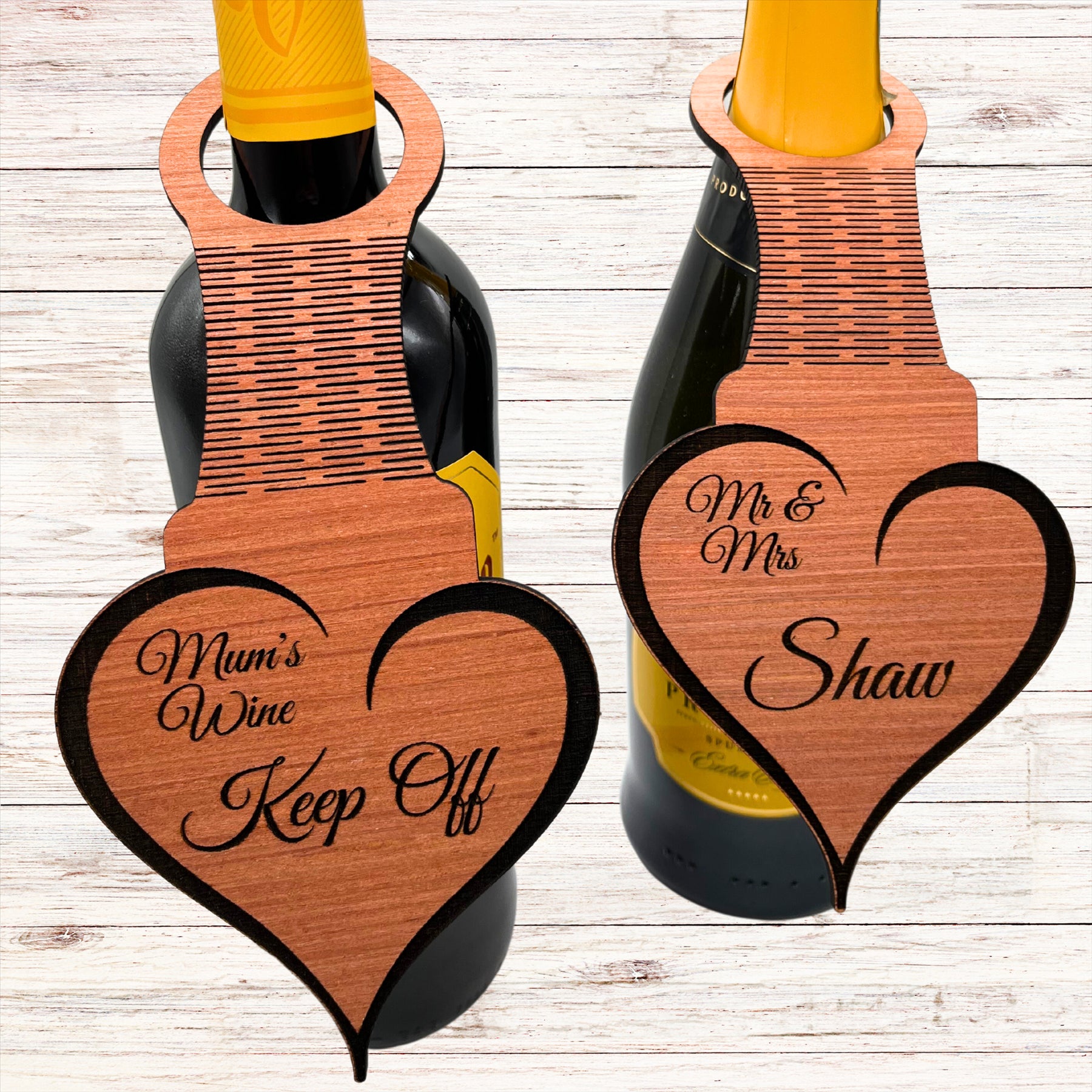 Personalised Wood Wedding Name Place Card for Champagne Wine Bottle Drink Tag - Just Horse Riders