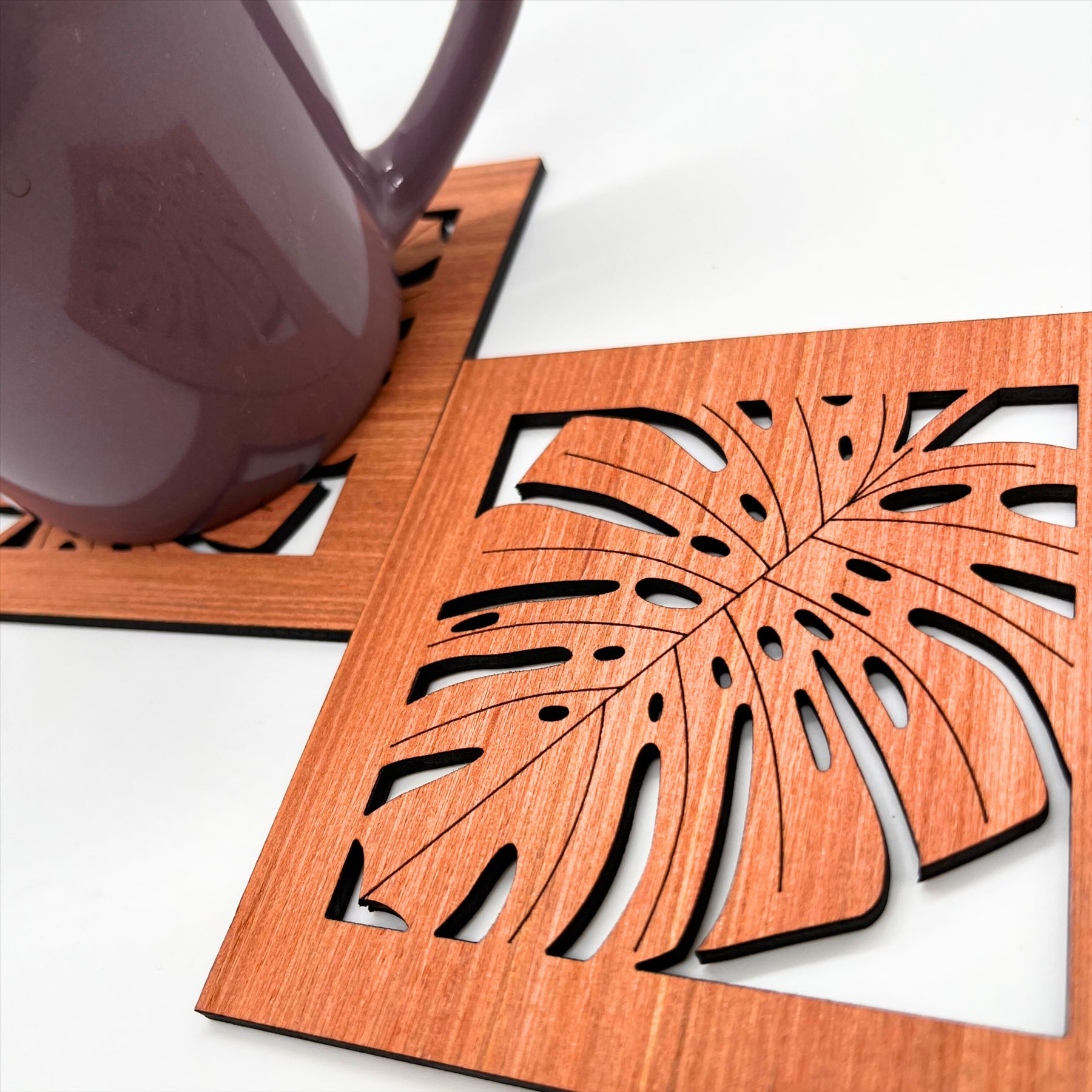 Leaf Coasters Square Monstera Leaf Pattern Wooden 10x10cm Tea Coffee Cup - Just Horse Riders