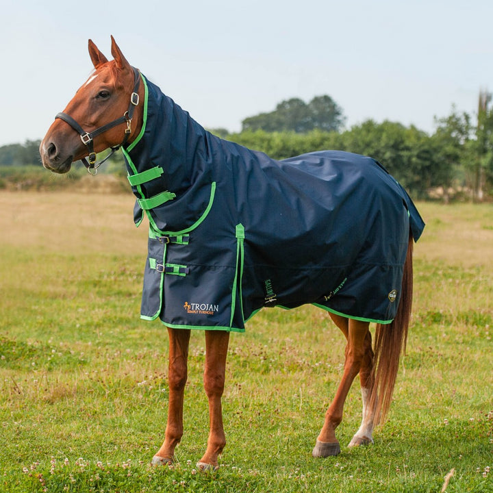 Gallop Equestrian Trojan Lite Weight Combo Turnout in Navy with Green Bindings