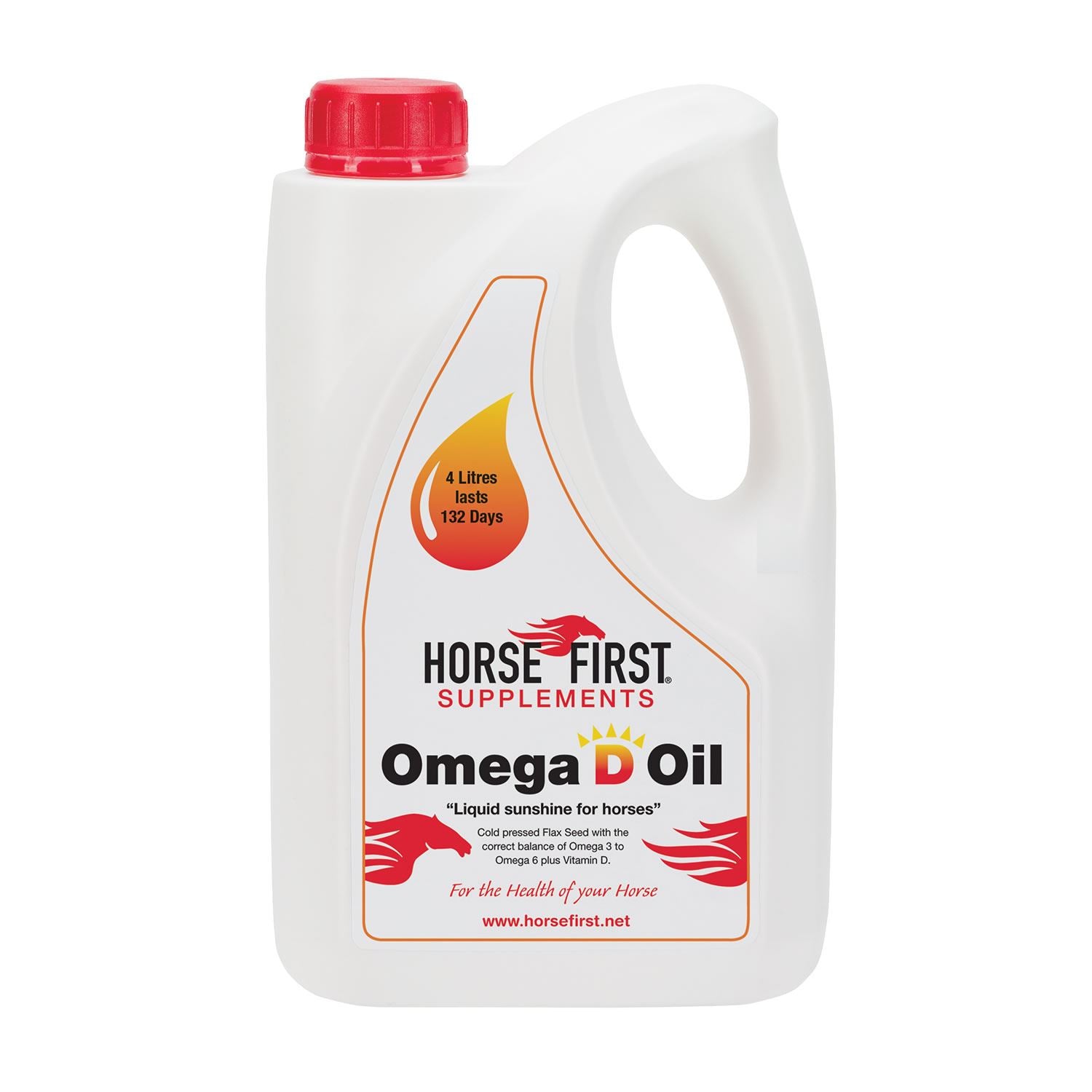 Horse First Omega D Oil enhances coat and overall health with essential fatty acids
