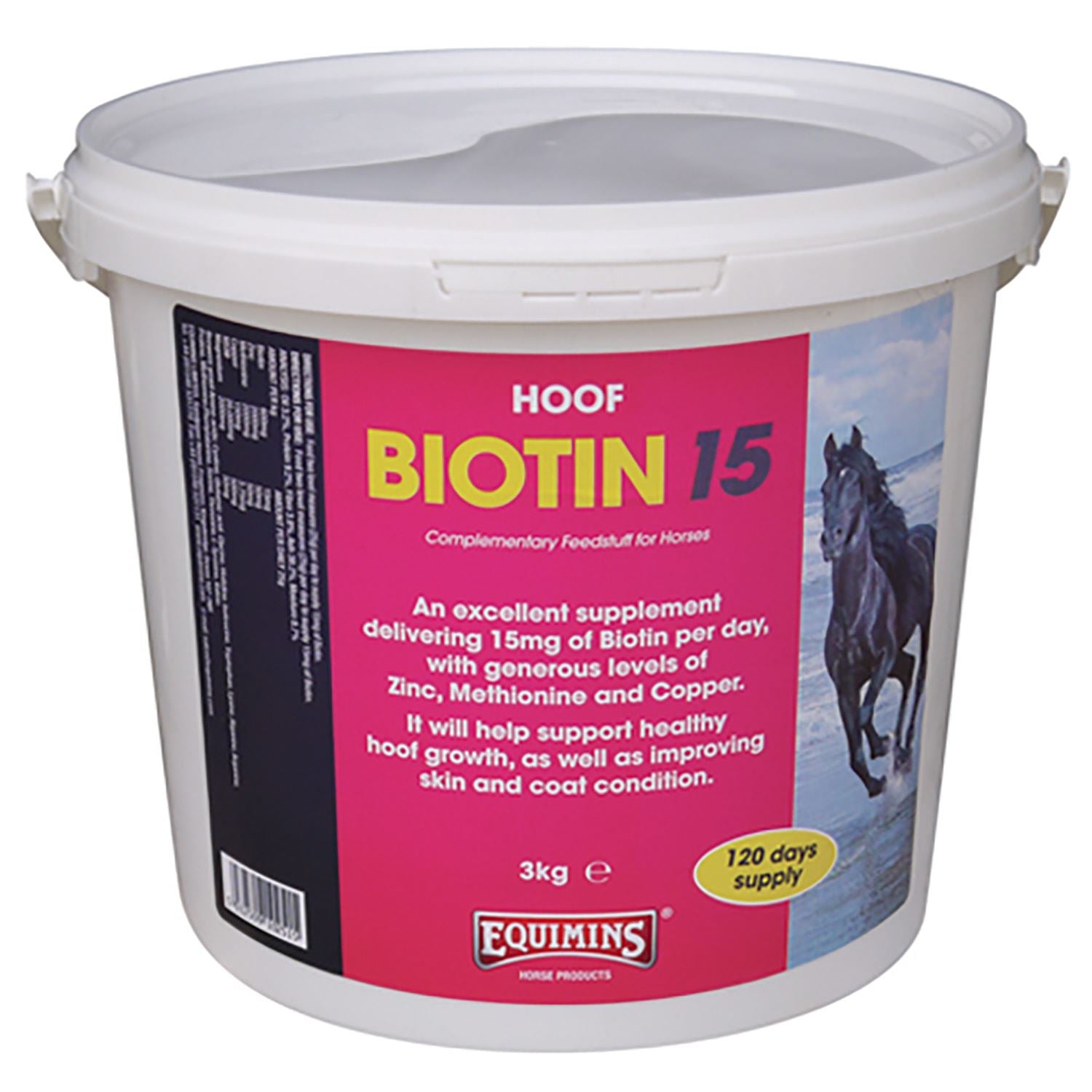 EQUIMINS BIOTIN 15 promotes healthy hoof growth and improves coat and skin condition.